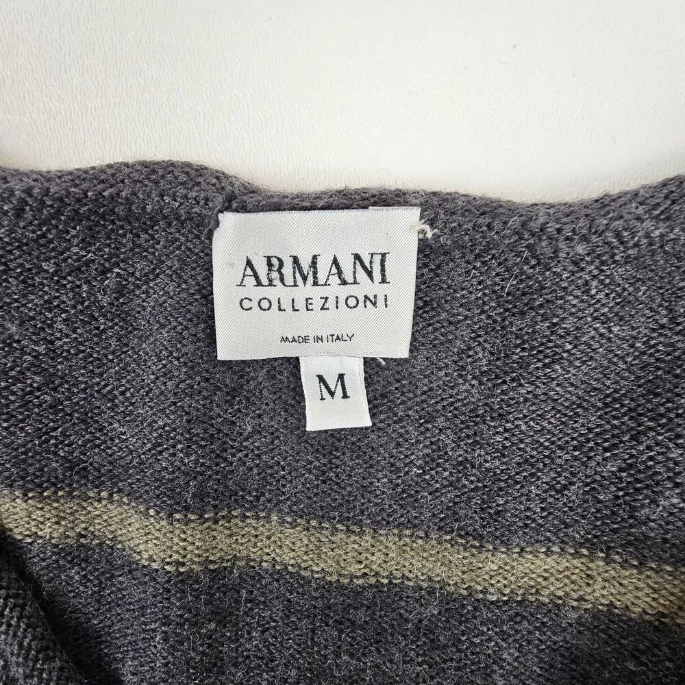 Armani Collezioni Men's M Merino Wool Sweater Made Italy V Neck Striped Gray